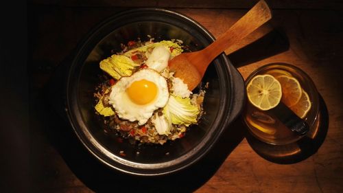 High angle view of breakfast served on table