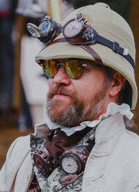 Close-up of man wearing sunglasses and hat