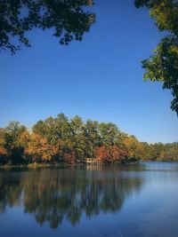 Scenic view of lake against clear blue sky