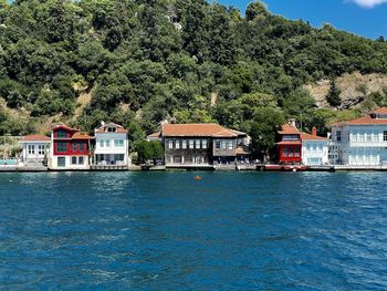 Houses by sea against sky