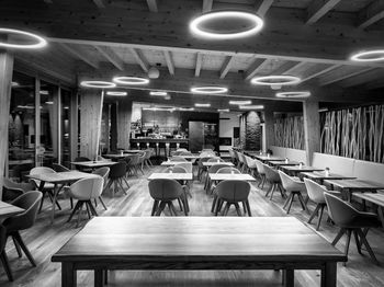 Empty chairs and tables in restaurant