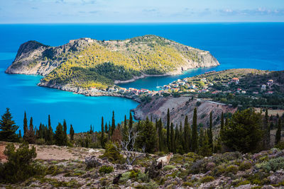 High angle view of bay against clear sky