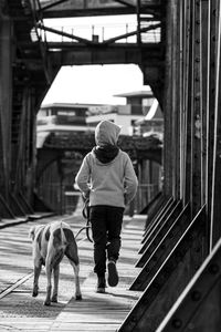 Rear view of man walking with dog on sidewalk