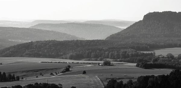 High angle view of field against sky