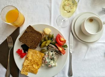 High angle view of breakfast on table