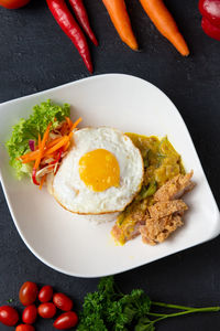 High angle view of breakfast served on table