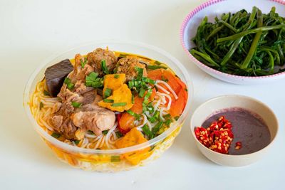 High angle view of food in bowl on table