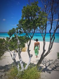 Rear view of shirtless man standing on beach against sky