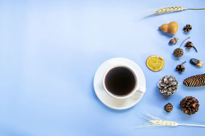 High angle view of coffee cup on table