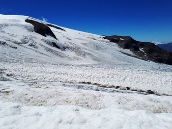 Scenic view of snowcapped mountains against clear blue sky