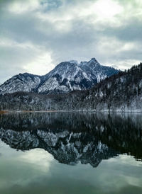 Scenic view of lake and snowcapped mountains against sky