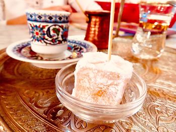 Close-up of dessert served on table