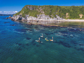 Aerial view of sup surfers, primorsky region, russia