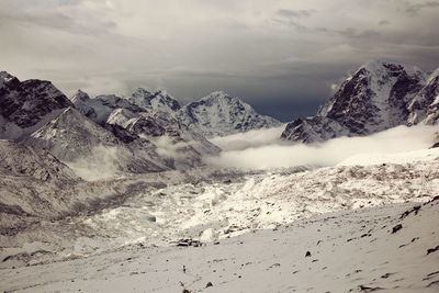 Scenic view of snow covered mountains against sky