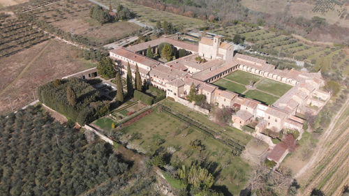 High angle view of buildings on field