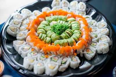 High angle view of sushi plate