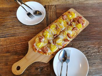 High angle view of breakfast served on table