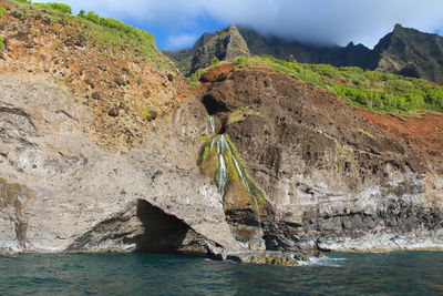 Scenic view of sea by mountain