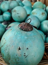 Selective focus of vintage christmas baubles in a close up view