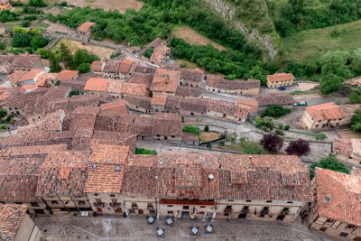 High angle view of old buildings and roofs