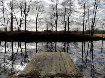 Reflection of bare trees in lake against sky