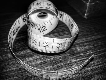 High angle view of tape measure on table