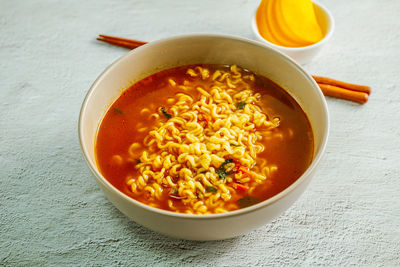 High angle view of soup in bowl on table