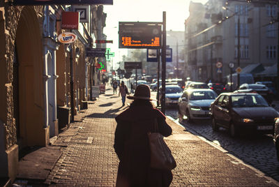 Rear view of woman walking on street in city