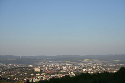 High angle view of buildings against clear sky