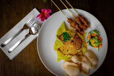 High angle view of food in plate on table