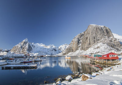 Scenic view of snowcapped mountains against clear blue sky