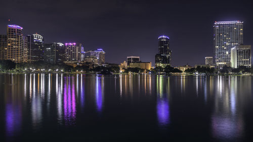 View of city lit up at night