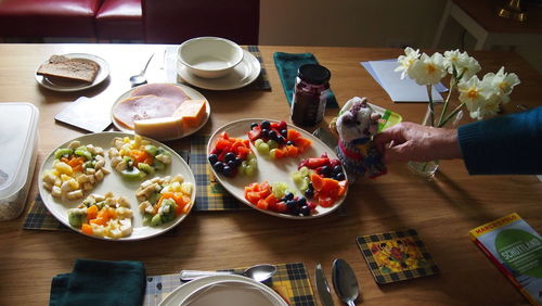 High angle view of breakfast served on table