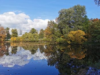 Reflection of trees in lake against sky