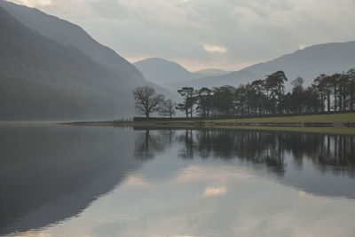 Scenic view of lake and mountains against sky