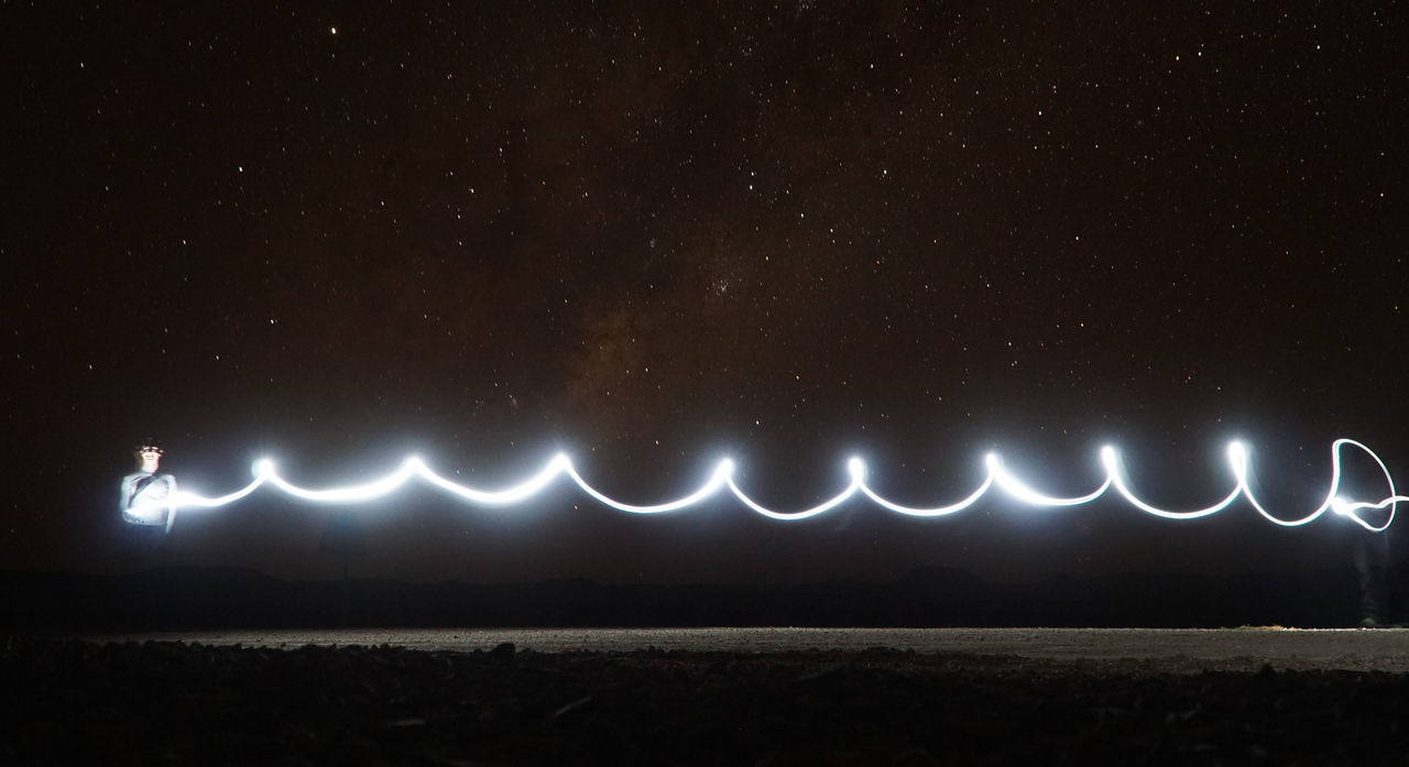 VIEW OF ILLUMINATED FIELD AGAINST SKY AT NIGHT