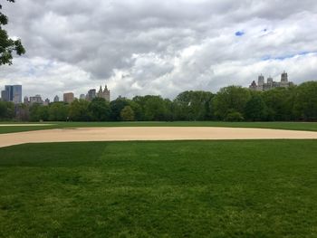 Scenic view of field against cloudy sky