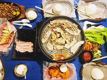 Directly above shot of food served on table