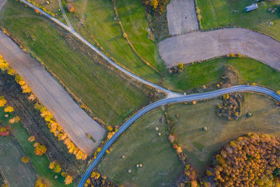 Aerial drone view of a countryside road at autumn
