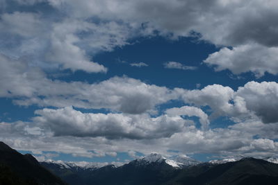 Low angle view of snowcapped mountains against sky