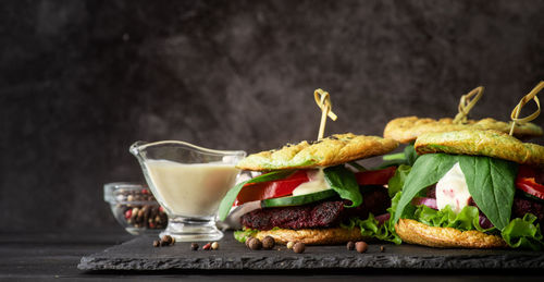 Close-up of burger on table