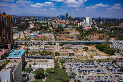 High angle view of buildings in city