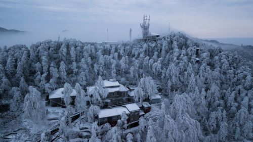 High angle view of trees and buildings against sky during winter