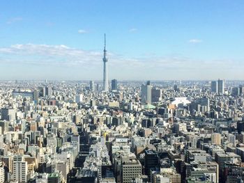 High angle view of modern buildings in city