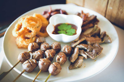 High angle view of food in plate on table