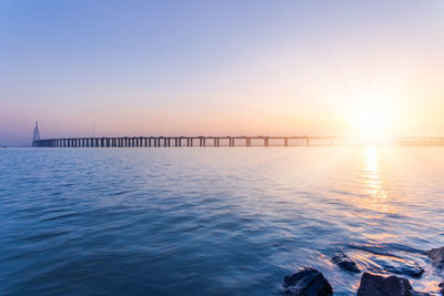 Scenic view of sea against clear sky during sunset