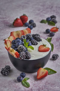 High angle view of fruits in bowl on table