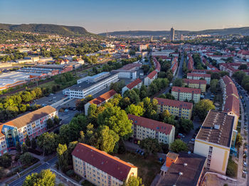 High angle shot of townscape against sky