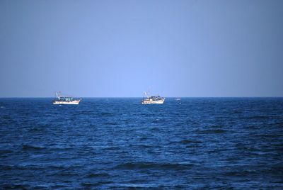 Sailboat sailing on sea against clear sky