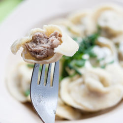 Close-up of pelmeni dumplings in plate